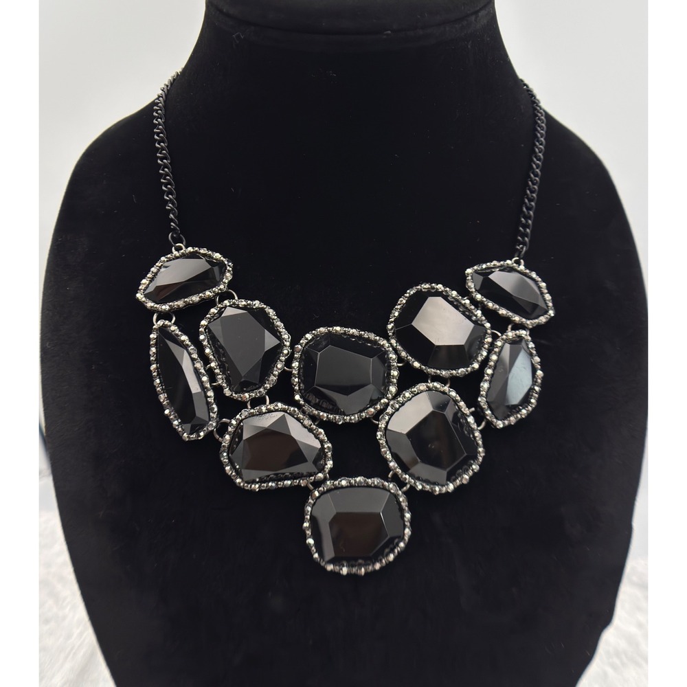 Aldo Black Bib Collar Rhinestone Faceted Acrylic Stone Statement Necklace